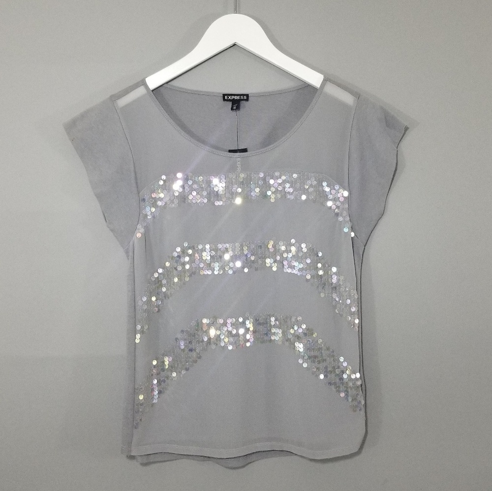 Express Light Grey Sequin Stripe Cap Sleeve Top